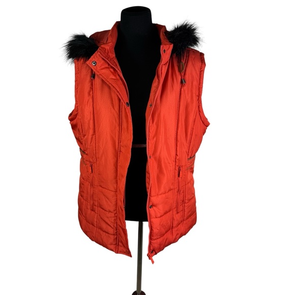 NEW Sporto Orange Rust XL Longline Quilted Jacket Vest Faux Fur Trimmed Hood - Picture 3 of 14
